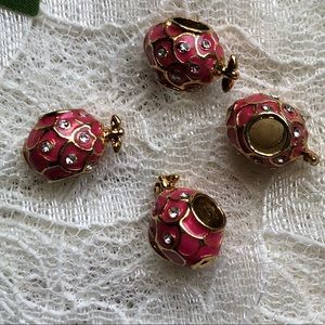 Vintage Faberge Egg Charm with Bird; Goldtone, Rose Pink Enamel, Silver plated